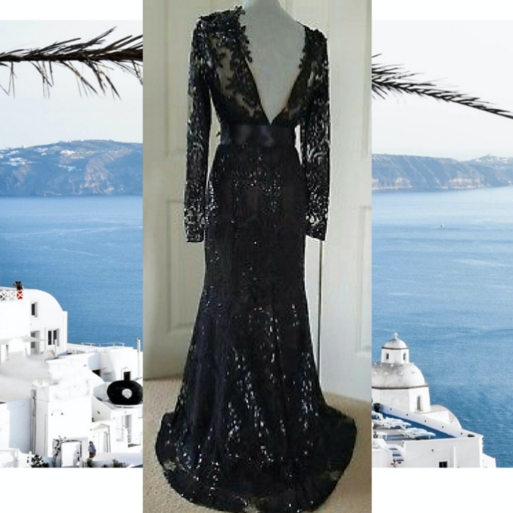 $1,500.00 MARCHESA NOTTE EXCL BLACK LACE BEAD RUNWAY GOWN S - Picture 12 of 14